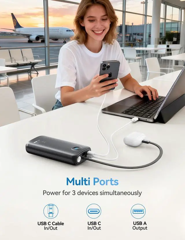 Alt view image 5 of 7 - Portable Charger 20000mAh 45W, Built in USB C Cable, 3W Flashlight