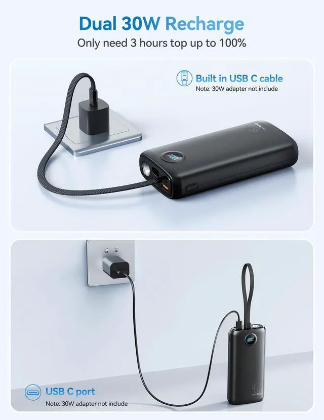 Alt view image 6 of 7 - Portable Charger 20000mAh 45W, Built in USB C Cable, 3W Flashlight