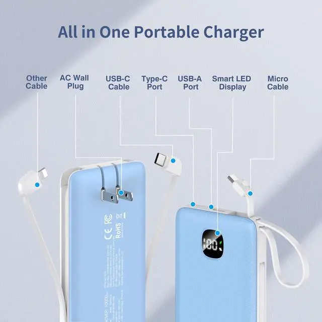 Alt view image 2 of 7 - Portable Charger 10000mAh 22.5W Power Bank,Built-in 3 Cables & AC Wall Plug