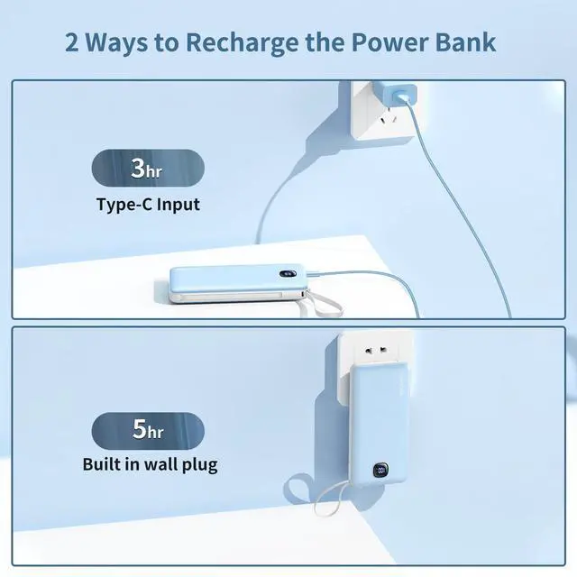 Alt view image 5 of 7 - Portable Charger 10000mAh 22.5W Power Bank,Built-in 3 Cables & AC Wall Plug