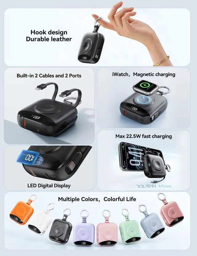 Alt view image 2 of 7 - Portable Charger 10000mAh 22.5W Power Bank Built-in 2 Cables Keychain