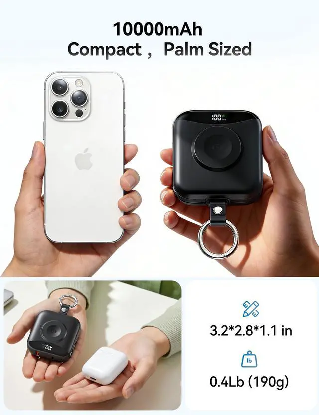 Alt view image 3 of 7 - Portable Charger 10000mAh 22.5W Power Bank Built-in 2 Cables Keychain