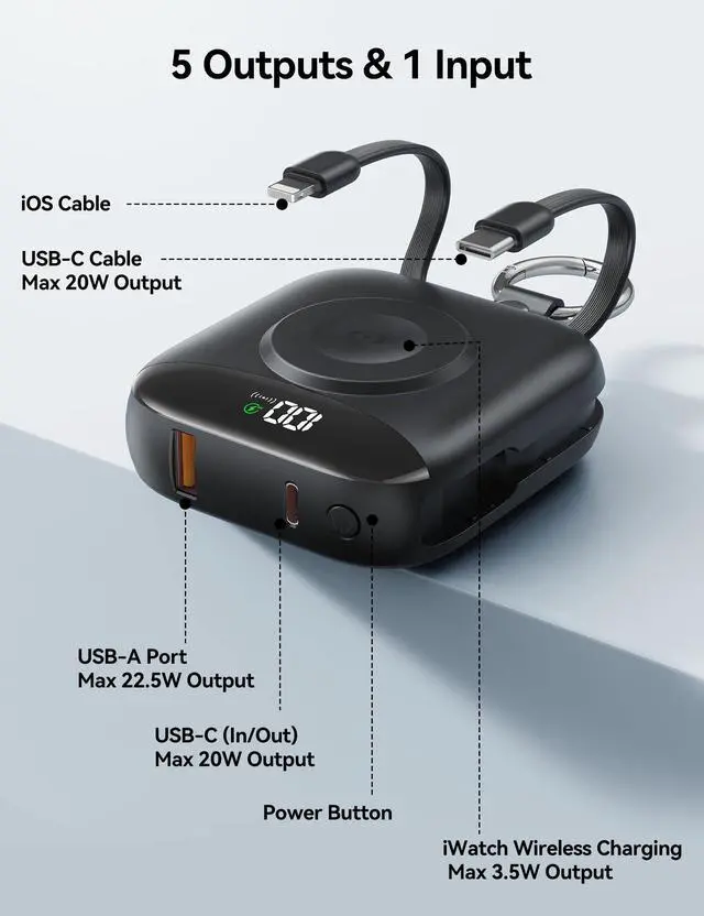 Alt view image 4 of 7 - Portable Charger 10000mAh 22.5W Power Bank Built-in 2 Cables Keychain