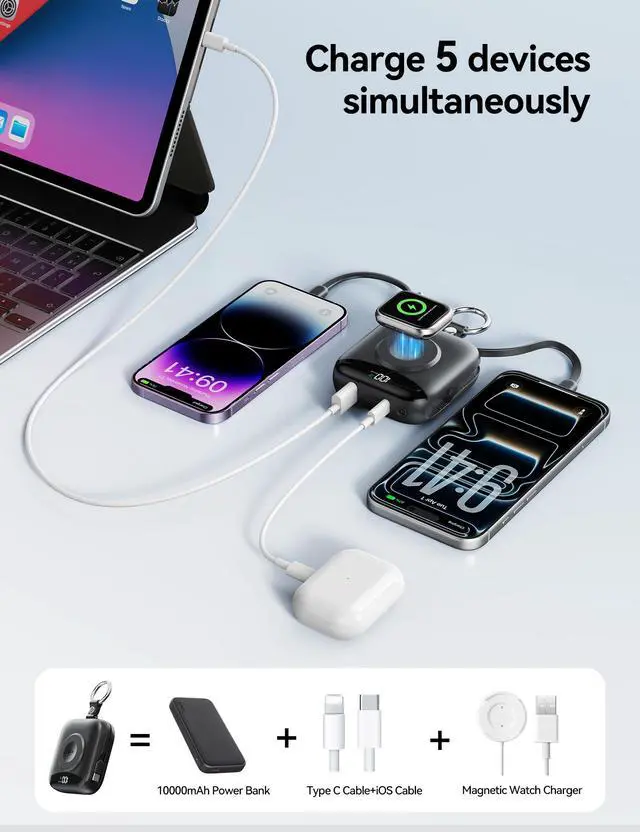 Alt view image 5 of 7 - Portable Charger 10000mAh 22.5W Power Bank Built-in 2 Cables Keychain