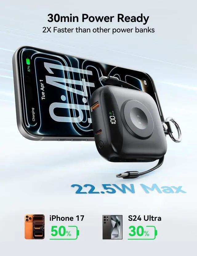 Alt view image 6 of 7 - Portable Charger 10000mAh 22.5W Power Bank Built-in 2 Cables Keychain