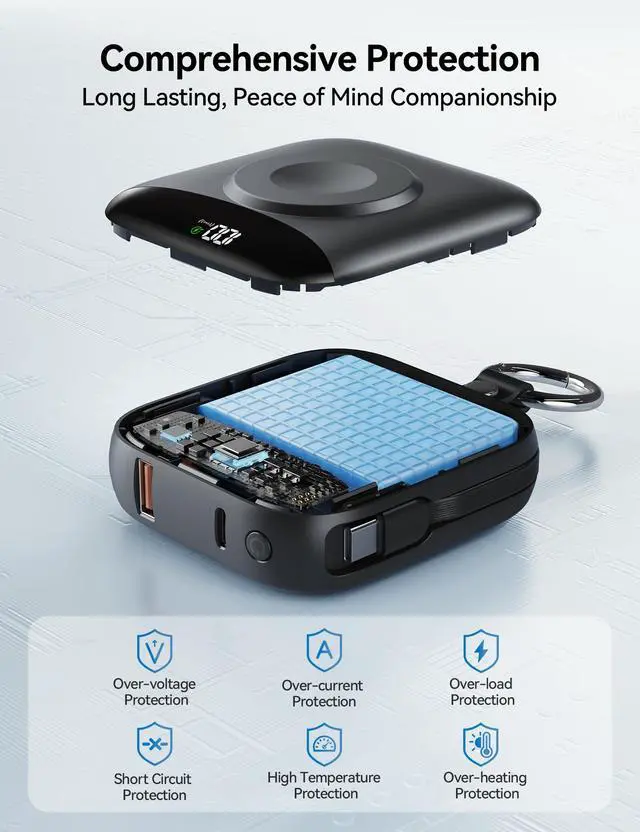 Alt view image 7 of 7 - Portable Charger 10000mAh 22.5W Power Bank Built-in 2 Cables Keychain