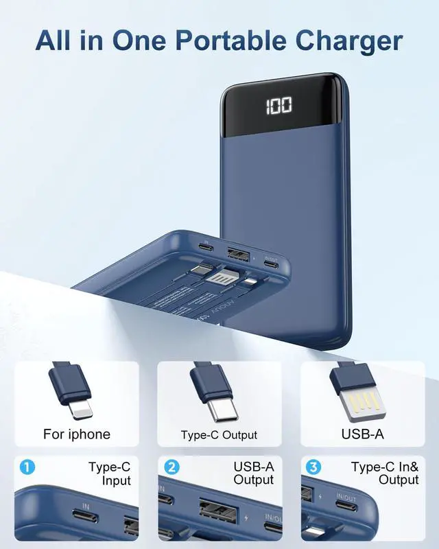 Alt view image 2 of 7 - Portable Charger Power Bank w/Built-in Cables 10000mAh LED Display, Navy