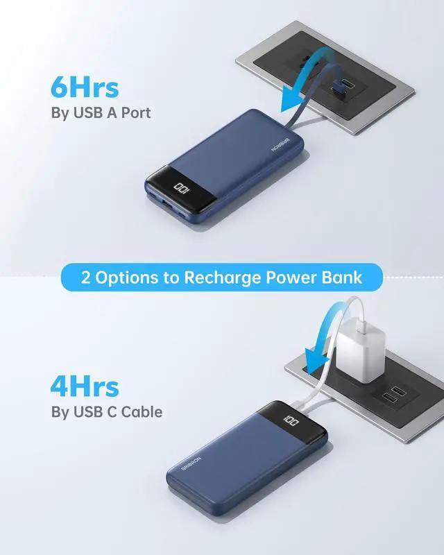 Alt view image 3 of 7 - Portable Charger Power Bank w/Built-in Cables 10000mAh LED Display, Navy