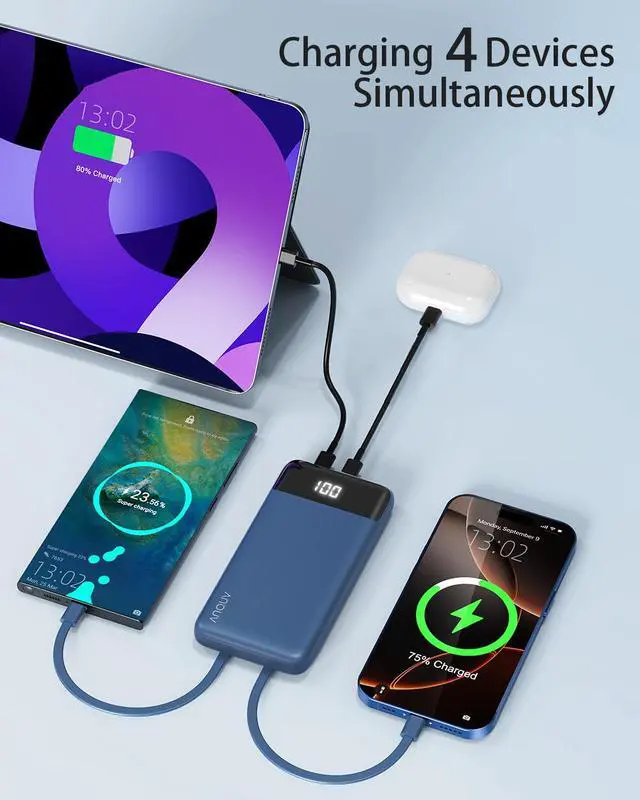 Alt view image 4 of 7 - Portable Charger Power Bank w/Built-in Cables 10000mAh LED Display, Navy