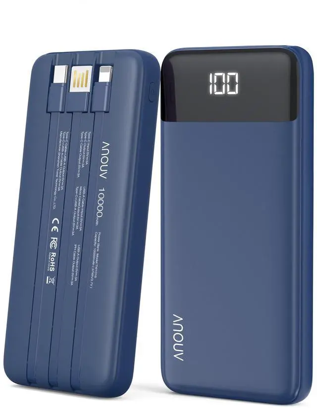 Main image of Portable Charger Power Bank w/Built-in Cables 10000mAh LED Display, Navy