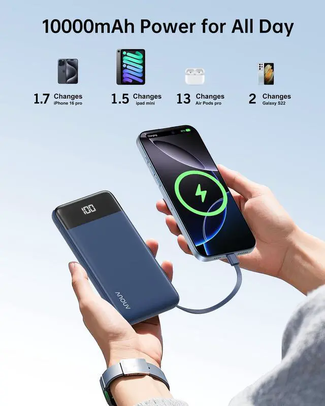Alt view image 5 of 7 - Portable Charger Power Bank w/Built-in Cables 10000mAh LED Display, Navy