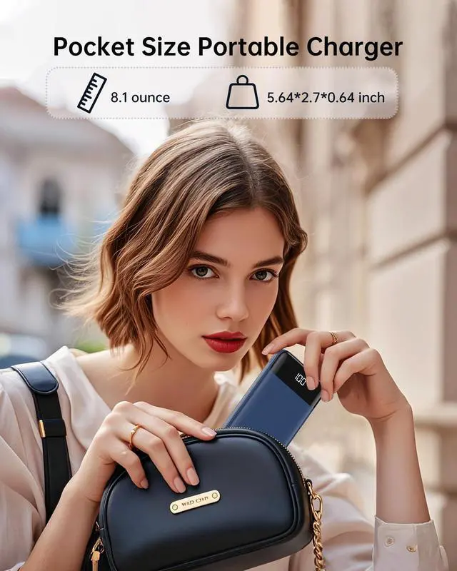 Alt view image 7 of 7 - Portable Charger Power Bank w/Built-in Cables 10000mAh LED Display, Navy