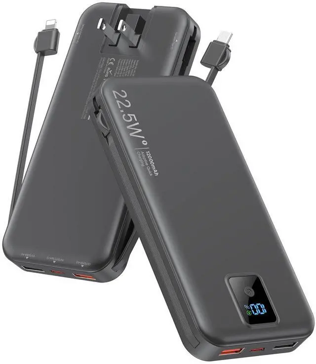 Main image of Portable Charger 12000mAh 22.5W w/Built-in Cable & Wall Plug Black