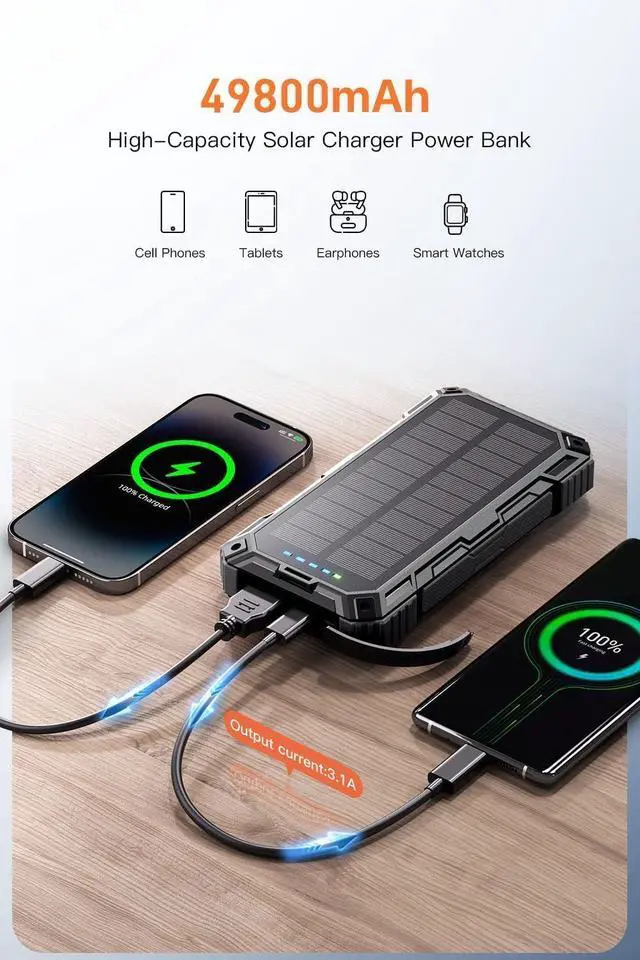 Alt view image 2 of 7 - Solar Power Bank,49800mAh Portable Charger Wireless Charging USB-C 15W Fast Charging with 4 Built-in Cables LED Flashlight Battery Pack Compatible with iPhone, iPad, Galaxy, Perfect for Camping/Hiking