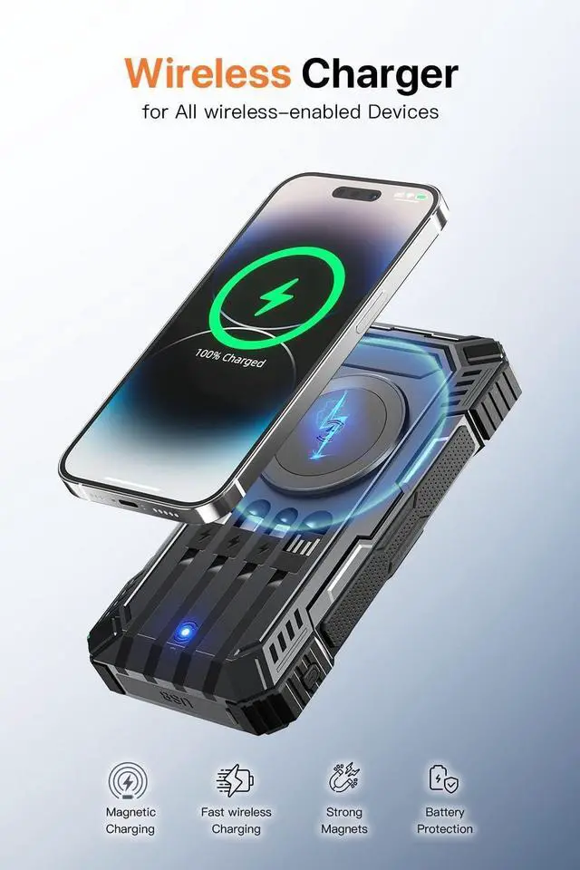 Alt view image 3 of 7 - Solar Power Bank,49800mAh Portable Charger Wireless Charging USB-C 15W Fast Charging with 4 Built-in Cables LED Flashlight Battery Pack Compatible with iPhone, iPad, Galaxy, Perfect for Camping/Hiking