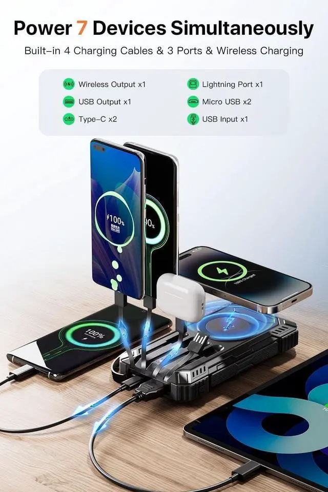 Alt view image 4 of 7 - Solar Power Bank,49800mAh Portable Charger Wireless Charging USB-C 15W Fast Charging with 4 Built-in Cables LED Flashlight Battery Pack Compatible with iPhone, iPad, Galaxy, Perfect for Camping/Hiking