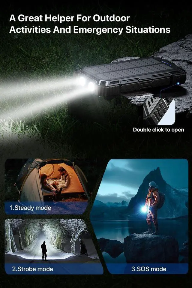 Alt view image 6 of 7 - Solar Power Bank,49800mAh Portable Charger Wireless Charging USB-C 15W Fast Charging with 4 Built-in Cables LED Flashlight Battery Pack Compatible with iPhone, iPad, Galaxy, Perfect for Camping/Hiking