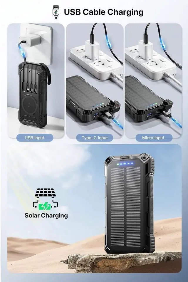 Alt view image 7 of 7 - Solar Power Bank,49800mAh Portable Charger Wireless Charging USB-C 15W Fast Charging with 4 Built-in Cables LED Flashlight Battery Pack Compatible with iPhone, iPad, Galaxy, Perfect for Camping/Hiking