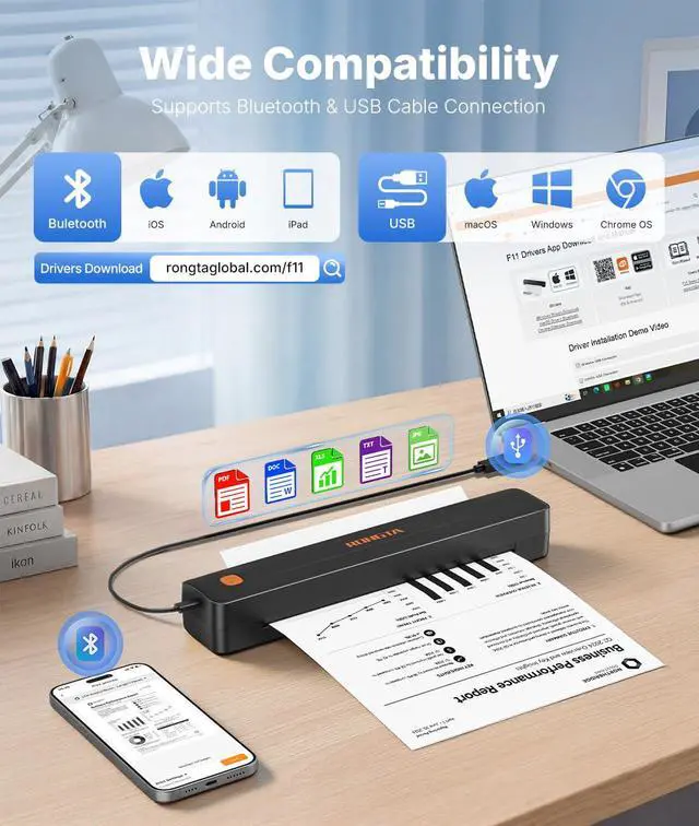 Alt view image 3 of 7 - Thermal Portable Printers Wireless for Travel, Bluetooth Mobile Printer, Inkless Printer for School/Office/Home Use, Compatible with Android,iOS & Laptop (Black)