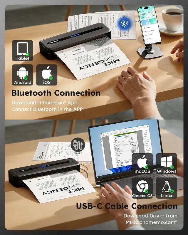 Alt view image 3 of 7 - M832 Portable Printers Wireless for Travel, Inkless Thermal Printer