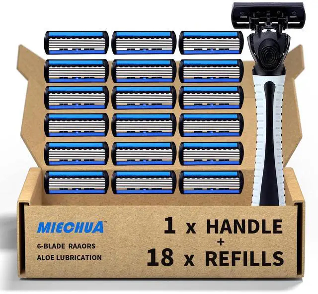 Main image of 6-Blade Razor,Plastic Anti-slip Men Manual Refill Cartridges razors, Reusable Face Cleansing Care Tool, 18 pcs refill cartridges, Shave Supplies for Men and Women - Black