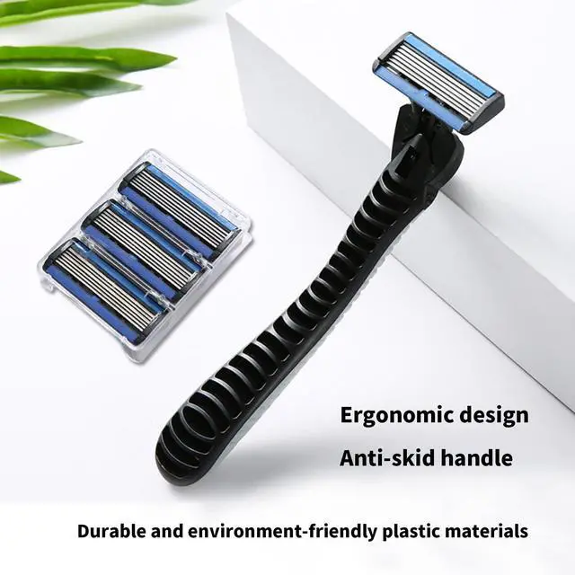 Alt view image 4 of 7 - 6-Blade Razor,Plastic Anti-slip Men Manual Refill Cartridges razors, Reusable Face Cleansing Care Tool, 18 pcs refill cartridges, Shave Supplies for Men and Women - Black