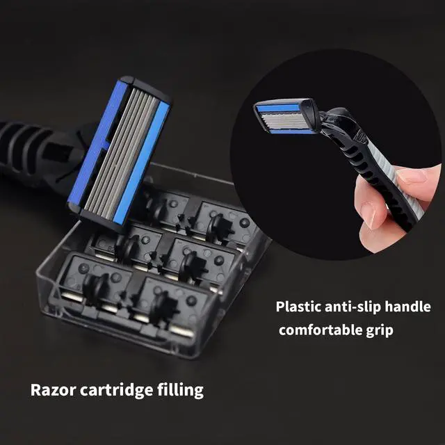Alt view image 5 of 7 - 6-Blade Razor,Plastic Anti-slip Men Manual Refill Cartridges razors, Reusable Face Cleansing Care Tool, 18 pcs refill cartridges, Shave Supplies for Men and Women - Black