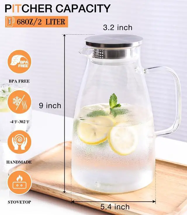 Alt view image 3 of 6 - 2 Liter 68oz Borosilicate Pitcher with Lid, Glass Jug with Handle and Spout