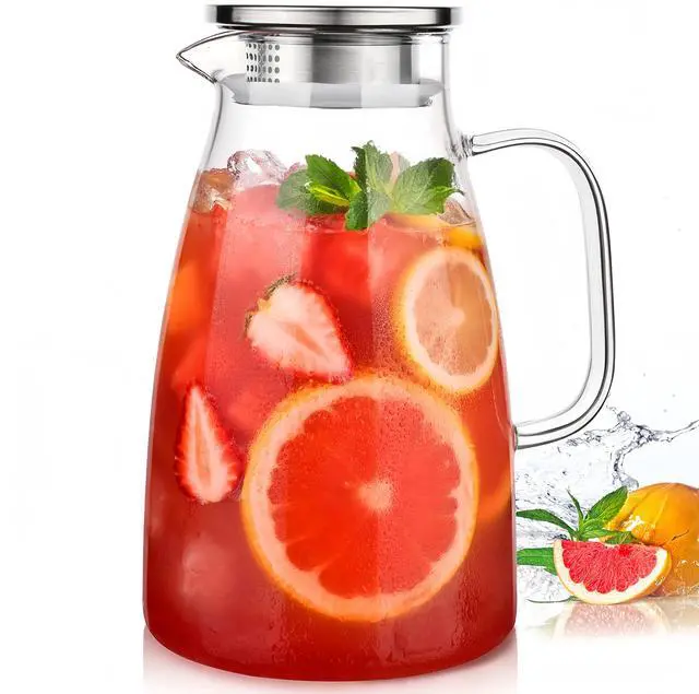 Main image of 2 Liter 68oz Borosilicate Pitcher with Lid, Glass Jug with Handle and Spout