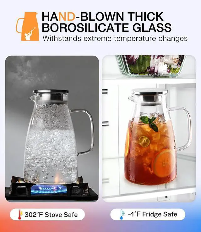 Alt view image 5 of 6 - 2 Liter 68oz Borosilicate Pitcher with Lid, Glass Jug with Handle and Spout