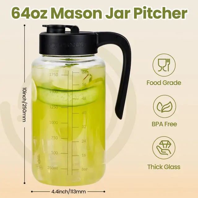 Alt view image 4 of 6 - Mason Jar Pitcher 64 oz, Heat-Resistant Glass Pitcher with Lid and Handle, Leak-Proof & Airtight Sun Tea Glass Jar for Outside, Breastmilk, Cold Brew, and Iced Tea (1, black)