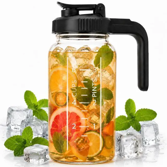 Main image of Borosilicate Glass Pitcher with Handle Lid, 64oz Leakproof Mason Jar Water Jugs for Sun Tea,Cold Brew Coffee,Juice,Iced Tea