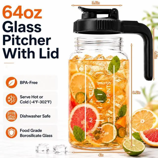 Alt view image 2 of 7 - Borosilicate Glass Pitcher with Handle Lid, 64oz Leakproof Mason Jar Water Jugs for Sun Tea,Cold Brew Coffee,Juice,Iced Tea