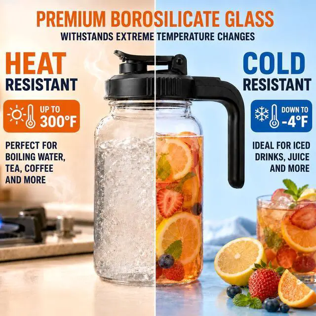 Alt view image 3 of 7 - Borosilicate Glass Pitcher with Handle Lid, 64oz Leakproof Mason Jar Water Jugs for Sun Tea,Cold Brew Coffee,Juice,Iced Tea
