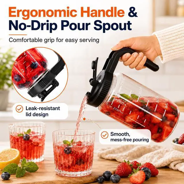 Alt view image 4 of 7 - Borosilicate Glass Pitcher with Handle Lid, 64oz Leakproof Mason Jar Water Jugs for Sun Tea,Cold Brew Coffee,Juice,Iced Tea