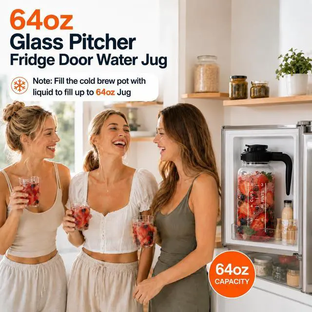 Alt view image 5 of 7 - Borosilicate Glass Pitcher with Handle Lid, 64oz Leakproof Mason Jar Water Jugs for Sun Tea,Cold Brew Coffee,Juice,Iced Tea