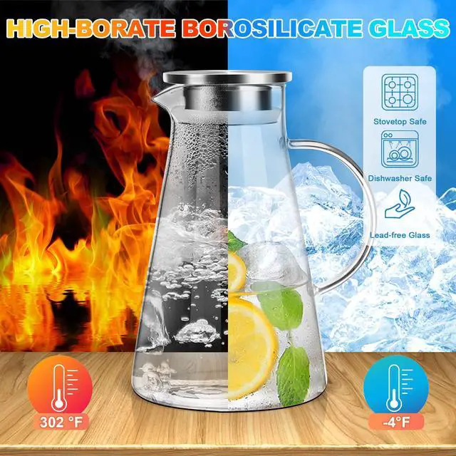 Alt view image 2 of 6 - 2L/68oz Glass Pitcher with Lid and Handle,Carafe for Hot/Cold Water