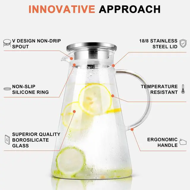 Alt view image 3 of 6 - 2L/68oz Glass Pitcher with Lid and Handle,Carafe for Hot/Cold Water