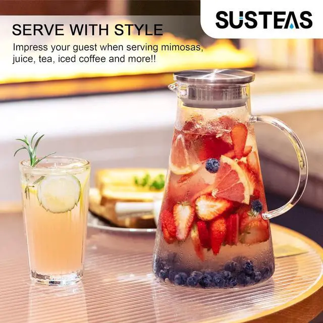 Alt view image 6 of 6 - 2L/68oz Glass Pitcher with Lid and Handle,Carafe for Hot/Cold Water