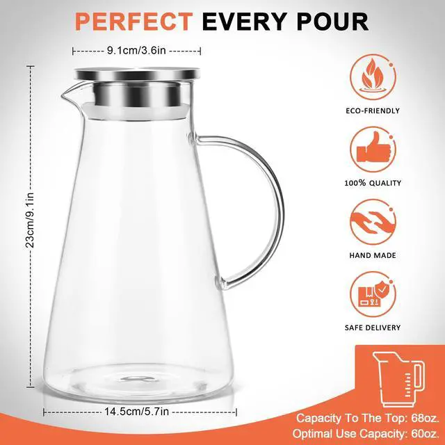 Alt view image 4 of 6 - 2L/68oz Glass Pitcher with Lid and Handle,Carafe for Hot/Cold Water