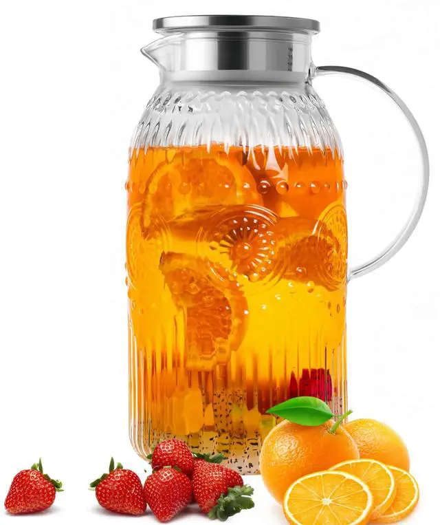 Main image of Vintage Glass Pitcher with Lid, Heat Resistant Borosilicate Water Jug, 68 oz/ 2 Liter Water Pitcher with Handle and Spout for Fridge, Carafe for Hot/Cold Coffee, Tea,Beverage 1Pack