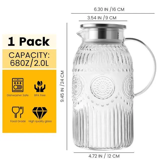 Alt view image 2 of 7 - Vintage Glass Pitcher with Lid, Heat Resistant Borosilicate Water Jug, 68 oz/ 2 Liter Water Pitcher with Handle and Spout for Fridge, Carafe for Hot/Cold Coffee, Tea,Beverage 1Pack