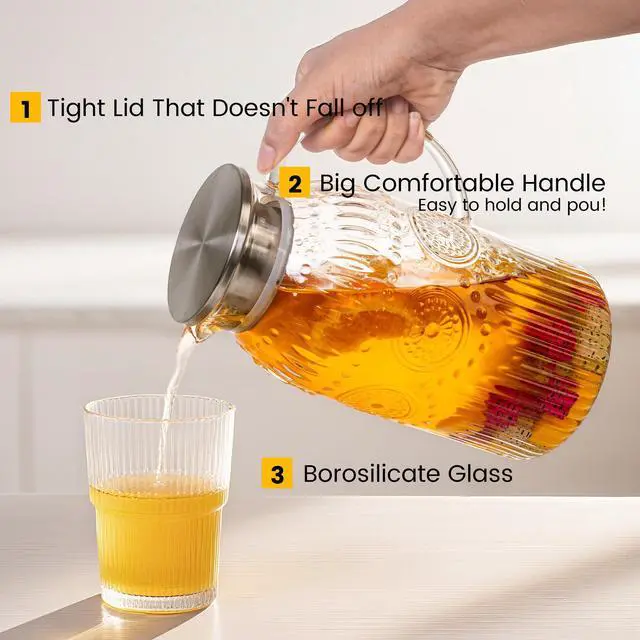 Alt view image 3 of 7 - Vintage Glass Pitcher with Lid, Heat Resistant Borosilicate Water Jug, 68 oz/ 2 Liter Water Pitcher with Handle and Spout for Fridge, Carafe for Hot/Cold Coffee, Tea,Beverage 1Pack