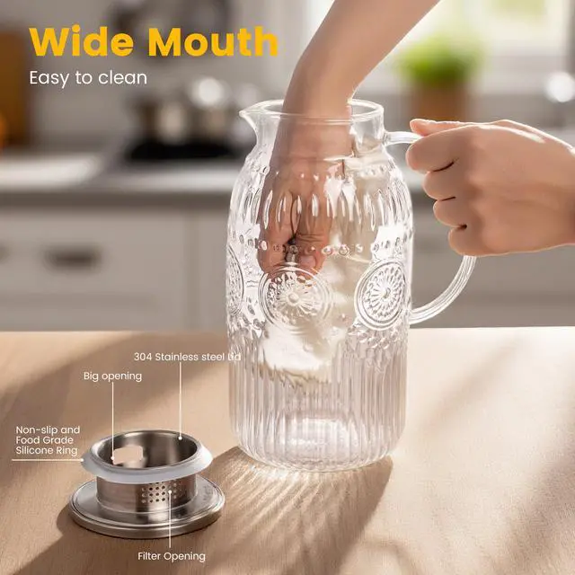 Alt view image 4 of 7 - Vintage Glass Pitcher with Lid, Heat Resistant Borosilicate Water Jug, 68 oz/ 2 Liter Water Pitcher with Handle and Spout for Fridge, Carafe for Hot/Cold Coffee, Tea,Beverage 1Pack