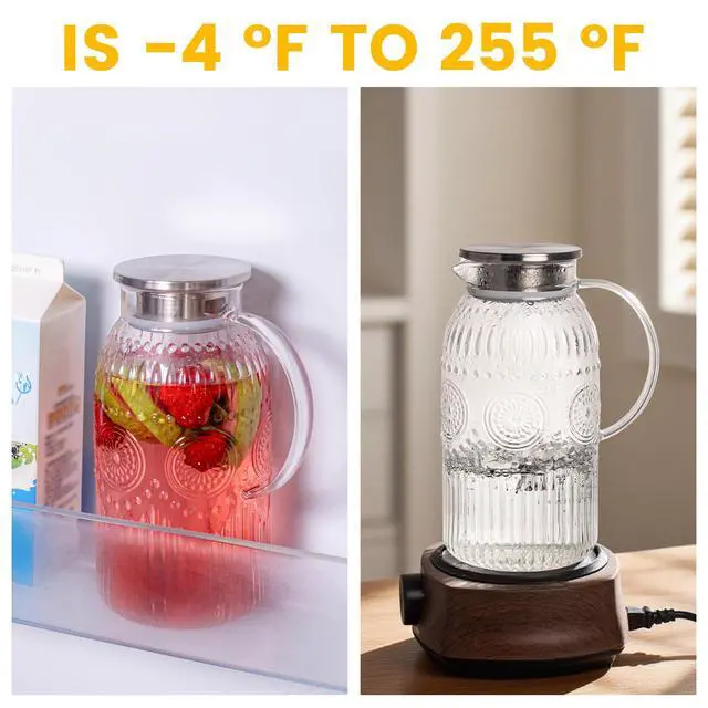 Alt view image 5 of 7 - Vintage Glass Pitcher with Lid, Heat Resistant Borosilicate Water Jug, 68 oz/ 2 Liter Water Pitcher with Handle and Spout for Fridge, Carafe for Hot/Cold Coffee, Tea,Beverage 1Pack