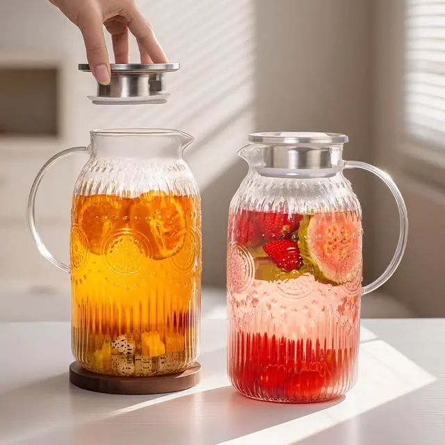 Alt view image 6 of 7 - Vintage Glass Pitcher with Lid, Heat Resistant Borosilicate Water Jug, 68 oz/ 2 Liter Water Pitcher with Handle and Spout for Fridge, Carafe for Hot/Cold Coffee, Tea,Beverage 1Pack