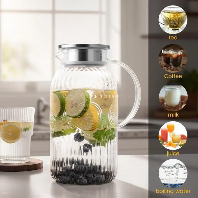 Alt view image 7 of 7 - Vintage Glass Pitcher with Lid, Heat Resistant Borosilicate Water Jug, 68 oz/ 2 Liter Water Pitcher with Handle and Spout for Fridge, Carafe for Hot/Cold Coffee, Tea,Beverage 1Pack