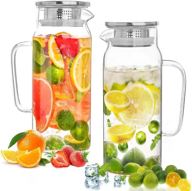Main image of Set of 2 Glass Pitcher with Lid,2 Quart (64 oz / 1.9 Liter) Leak Proof,Glass Water Jugs, BPA-Free,Microwave & Dishwasher Safe Pitcher,Sun & Iced Tea, Sangria,Cold Brew Coffee & More