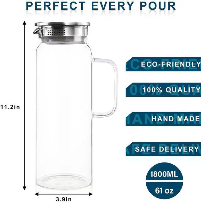 Alt view image 2 of 7 - Set of 2 Glass Pitcher with Lid,2 Quart (64 oz / 1.9 Liter) Leak Proof,Glass Water Jugs, BPA-Free,Microwave & Dishwasher Safe Pitcher,Sun & Iced Tea, Sangria,Cold Brew Coffee & More