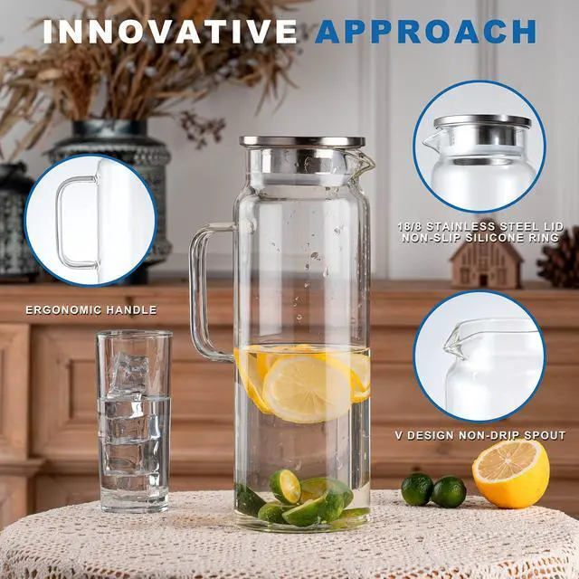 Alt view image 4 of 7 - Set of 2 Glass Pitcher with Lid,2 Quart (64 oz / 1.9 Liter) Leak Proof,Glass Water Jugs, BPA-Free,Microwave & Dishwasher Safe Pitcher,Sun & Iced Tea, Sangria,Cold Brew Coffee & More